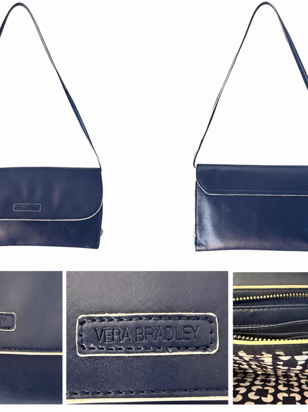 Vera Bradley Navy Leather Shoulder Clutch with Contrast Trim